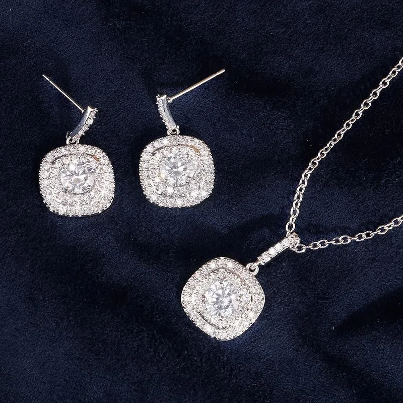 Women Classic Square Shape Crystal Matching Necklaces And Earrings Set