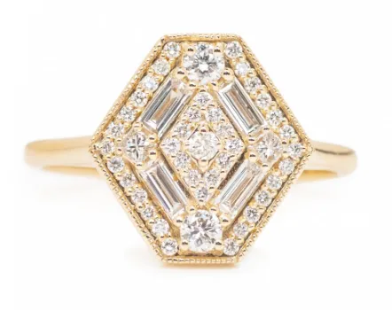 Yellow Gold Diamond Cluster Hexagon Shield Ring